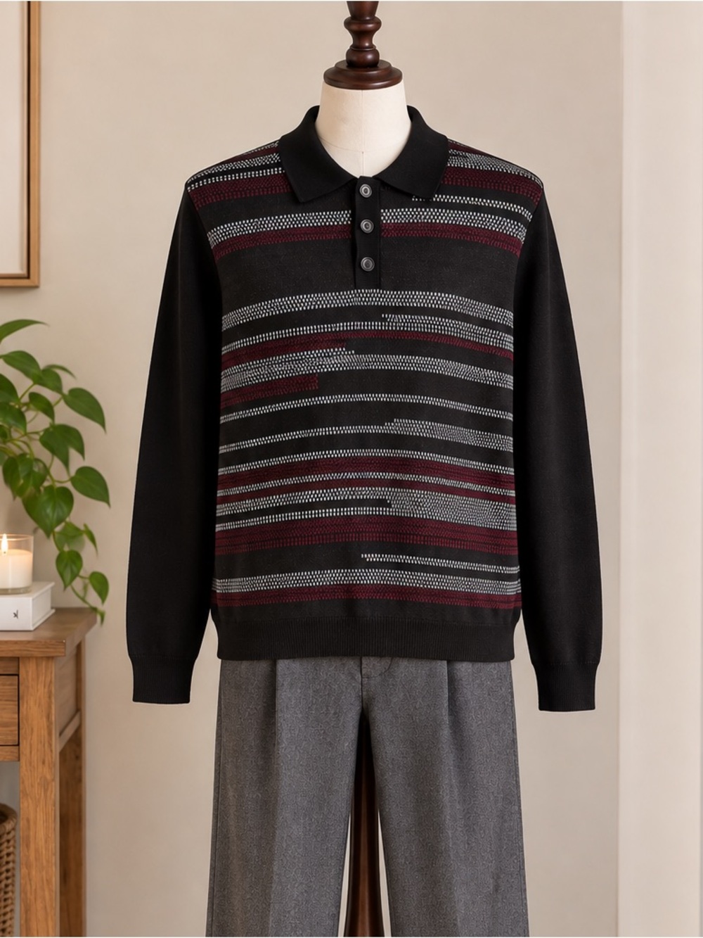 Marco Donateli Polo Sweater S Black Burgundy Grandpa Core Retro Preppy Golf